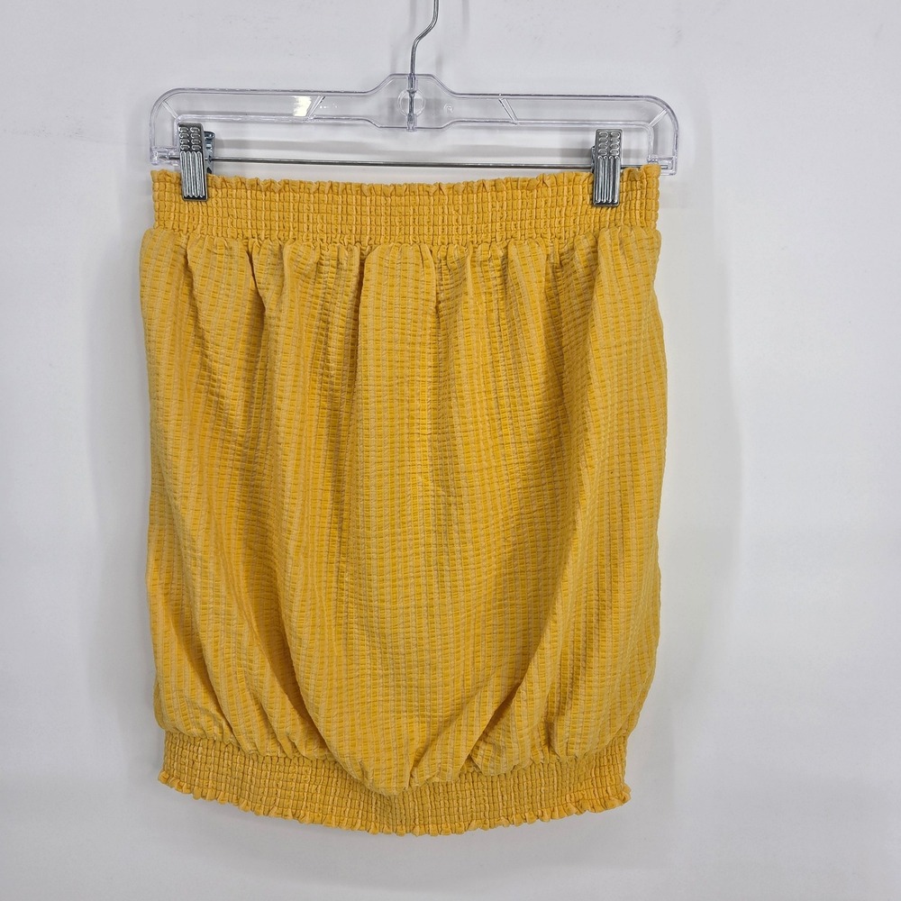 Anthropologie Tube Top M Yellow Smocked Bubble Hem Seersucker Boho Eclectic